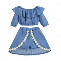Çocuklar Giyim Setleri Kız Kıyafetler Çocuk Fırfır Kapalı Omuz Tops + Çiçek Kısa Etekler 2 adet / takım Bahar Sonbahar Kore Versiyonu Bebek Giysileri