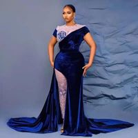 Royal Blue Velours Abendkleid Plus Größe Spitze Hosen Meerjungfrau Prom Kleider Kurzarm Afrikanische Vestidos de Novia
