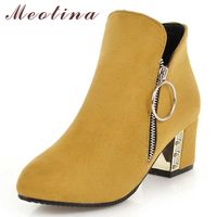 Meotina Women Boots Fall Ankle Boots Zipper Square High Heels Short Boots Square Toe Shoes Lady Winter Big Size 3-12 Botas mujer 210608