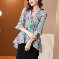 Женские блузки рубашки корейский летний три четверти печать блузка зеленый V-образник