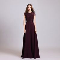 5646 Aline Jewel Long Bridesmaid Dress Short Sleeves Lace Ch...