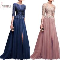 Elegant Pink Navy Blue Tulle Long Bridesmaid Dresses Lace Applique Half Sleeve High Split Wedding Guest Party Guest Dress Cps470