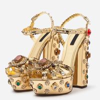Обувь платье золото роскошные драгоценные камни жемчуги сандалии кристалл женщина чрезвычайно высокие каблуки каблуки пряжка ремешок вышивка банкетка