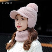 Autumn Winter Women Hat Scarf Sets Solid Color Wool Knitted Pompom Beanie s Girls Thick Warm Windproof Ear Protection Cap 220118
