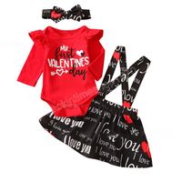 Kinder Kleidung Sets Mädchen Valentinstag Outfits Infant Flying Sleeve Strampler Tops + Buchstabe Strap Kleid + Stirnband 3 Teile / Sets Frühling Herbst Mode Baby Kleidung