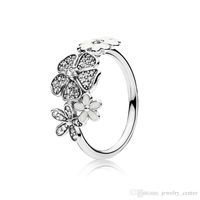 Auténtico 925 plata esterlina esmalte blanco anillos de flores caja original para joyería de plata de Pandora para mujeres anillo de boda de cristal natural