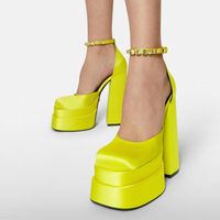 Sandals Fashion Waterproof Platform Square Toe Heel Satin Rh...