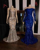Sparkly Sequined Champagne ROyal Blue Mermaid African Prom Dresses Long Sleeve Graduation Formal Dress Plus Size Evening Gowns