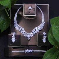 Selling Cubic Zircon Jewelry Set Bridal Wedding for Women Fashion Shining AAA CZ 4pcs Necklace Flower Shape Jewellery 211204