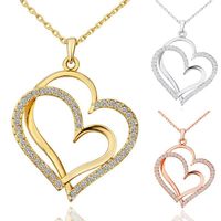 Pingente Colares 1 PC Ajustável Prata Dourada Rosa Duplo Coração Cristal Amor Valentim Presente Dia dos Namorados Jóias de Casamento Gracioso