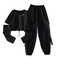 Весна осенние женщины Harajuku грузовые брюки красивый крутой двухсекционный костюм цепи с длинным рукавом + ленты штаны 211027