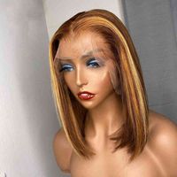 BOB Unsichtbare Knoten 13 * 6 Transparent Honig braun Blondine Highlight Human Hair Lace Frontal Perücken