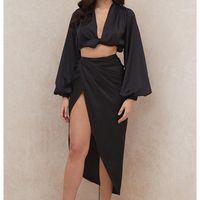 Verão dois pedaço conjunto mulheres praia férias outfits sexy blusa recortado saia irregular saia alta split sólido combinando terno roupas faixas