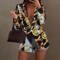 Frauenanzüge Blazer Frauen Cardigan Anzug Jacke Retro Muster Druck Office Dame Slim Blazer Elegante Umsetzungskragenknopf Mode Mäntel