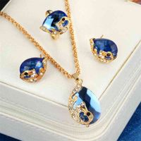 Oorbellen Ketting Charmant Blauw Emerald Water Drop Diamond Sieraden Set voor Dames Mode Pauw Vergulde Crystal Ring