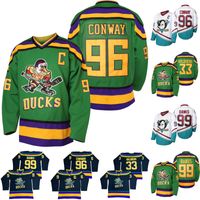 1996-06 Mighty Ducks 영화 하키 유니폼 96 Charlie Conway 33 Greg Goldberg 99 Adam Banks Anaheim Ice Jerseys 그린 화이트 S-XXXL
