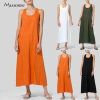 Повседневные платья Missomo Хлопковое льняное платье Женщины о шеи без рукавов Летний мешковина Maxi для женщины Vestidos Femme халат