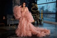 Rosa geschwollene lange Ärmel Ballkleider Rüschen Robe Tüll abgestuftes Abendkleid Cutsom Made Plus Size Party Roben Fotoshooting Vestidos
