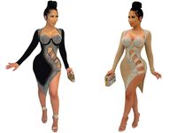 Plus Size Women Casual Party Bodycon Dresses L-3XL Long Sleeve With Diamond Sexy Night Out Clubwear Party Dress Clothings vk2123