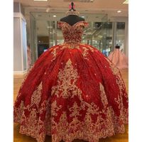 2022 Elegantes rotes Perlen-Ballkleid Quinceanera-Kleider Gold-Applikationen süß 16 Kleid Pageant-Gowns Vestido de 15 Anos ans ños Quincañera