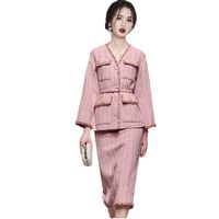 Party Dresses Smthma novo inverno temperamento feminino conjuntos de duas peças moda rosa tweed jaqueta + cintura alta saia longa terno com cinto