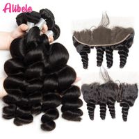 Human Hair Buls Alibele Brasilian Loose Wave Bundes With Frontal Closure10-30Inch Remy 3 13x4 EarTo Ear Closure