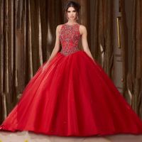 Red A-Line Księżniczka Wysoka Neck Tulle Backless Quinceanera Balowa Suknia Zroszony Imperium Długie Plus Size Prom Suknia Wieczorowa Vestido de Fiesta