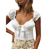 Damen T-Shirt 2021 Frauen aus Schulter Crop Tops Kurzhauchhülse Feste Farbe Krawatte Knoten Front Frill Trim T-shirts Sommer