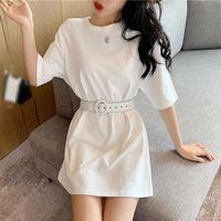 Casual Dresses Summer Solid Color Short-Sleeved Chiffon Dress Women Korean Style Round Collar Sweet Cute Slim