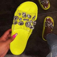 Big Rhinestone Slippers Women Flat Sandals With Neon Sole Je...