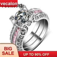 Wedding Rings Vecalon 3 Colors 5ct Zircon Cz 2-in-1 Engagement Band Ring Set For Women 14KT White Gold Filled Party