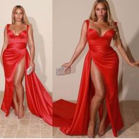 Orta Doğu Dubai Seksi Kırmızı Mermaid Gelinlik Modelleri Spagetti Sapanlar Sevgiliye Yüksek Yan Bölünmüş Kat Uzunluk Örgün Törenlerinde Parti Balo Elbise