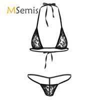 2 stücke Womens Bikini Badeanzüge Spitze Sehen Durch Sheer Halterneck Mini Micro Bikini BH Top mit G-String Thongs Slips Unterwäsche