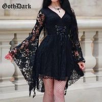 Vestidos casuais goth escuro gótico grunge laço mulheres preta punk bandagem retalhos magro uma linha vestido de emo Eyelete flare manga alt roupas