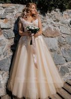 Элегантный плюс размер света для шампанского страны свадебные платья a-line v-образным вырезом без рукавов длина пол кружева аппликации длинные тюль свадебные платья задний корсет Vestidos