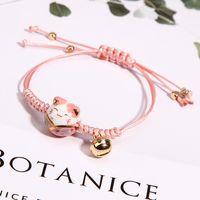 Ceramic Lucky Cat Bell Bracelet Female Student Girlfriends Hand-woven Red Colors Rope Bangle