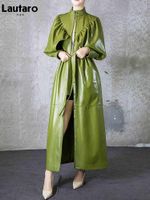 Couro feminino faux lautaro outono verde preto maxi macio trench casaco para mulheres designer longo elegante elegante elegante moda retro 2021
