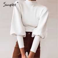 Осень зима вязаный свитер с высоким воротником фонарь рукава свободные женские уличные моды пуловер джемпер 2111215