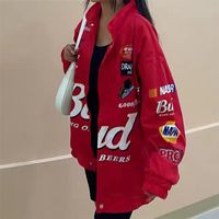 Женщины зимняя куртка пальто красный напечатанный молния длинные рукава гоночные куртки винтажные спортивные стиль полиэстер бомбардировщик пиджак женщин 210827