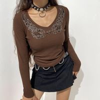Kadın T-Shirt Rhinestone Kanat Goth Kadın Tişörtleri Karanlık Akademik E Kız Siyah Techwear V Boyun Uzun Kollu İnce Örme Sonbahar Tee Gömlek Tops