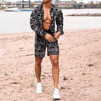 Männer Trainingsanzüge Mode Männer Set Sommer 2021 Revers Drucken Langarm Hemden Kurze Hosen Casual Youth Slim Beach Anzug Trend Herren Kleidung