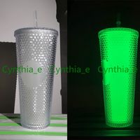 2021 Starbucks Çift Luminous Tumbler Durian Lazer Aydınlık Saman Kupası Tumbler Denizkızı Plastik Soğuk Su Kahve Bardağı Hediye Kupa