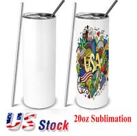 Stock dritto da 20 onblimazione Sublimation Blanks tazze di bicchiere in acciaio inossidabile bottiglia d'acqua cilindri alta con coperchi di paglia