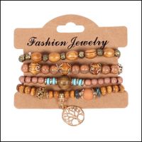 Charm Bracelets Jewelry 4Pcs Set Bohemian Wooden Beaded Chains For Women Tree Of Life Metal Rose Flower Wood Beads Bangle Fashion Boho Drop