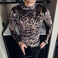 Men&#039;s T-Shirts Leopard Velvet T Shirt Men Long Sleeve Casual Slim Fit Tshirt Vintage Half Turtleneck Man Streetwear Club Tops Tees Clothing
