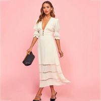 Günlük Elbiseler Katı Dantel Patchwork Midi Elbise Kadınlar Sonbahar 3/4 Kollu Seksi V Boyun Düğmesi Uzun Vintage Zarif Vestidos 2021