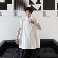 Erkek Casual Gömlek Erkekler Geri Splice Cep Streetwear Hip Hop Gevşek Kolsuz Gömlek Erkek Japonya Kore Stil Beyaz Siyah