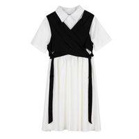 Casual klänningar sommar hepburn stil verktyg väst vit skjorta klänning tvådelad kvinnlig kortärmad lös student för kvinnor