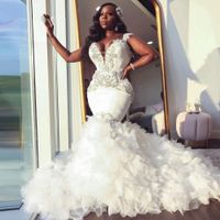Afrikanische Meerjungfrau Brautkleid 2021 Schatz Rüschen Royal Zug Schwarz Braut Kleid Perlen Formale Brautkleid Plus Größe Pageant