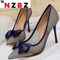 Zapatillas de vestir 2022 Sweet Women 9.5cm High Heels Fashion Lady Bowknot Stiletto Blue Blue Black Malla de encaje Bombas Scarpins Party PROM